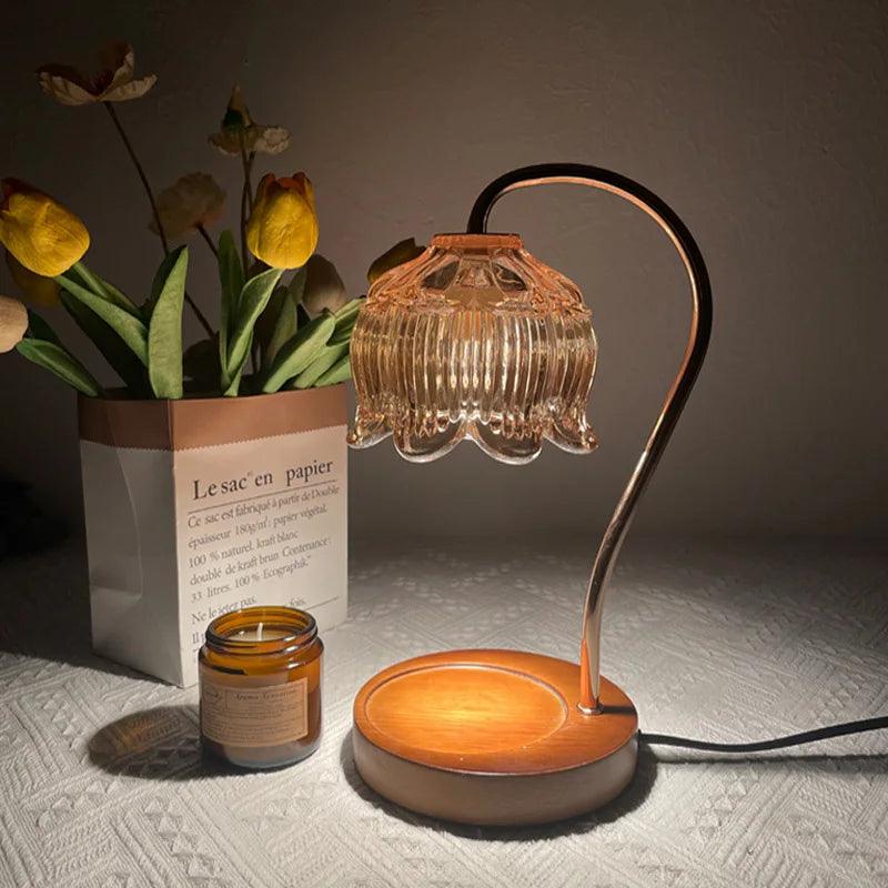 RetroGlow - Lámpara de Mesa Vintage Americana con Pantalla de Cristal y Base de Madera