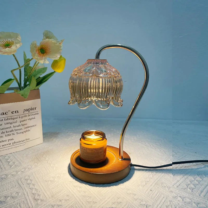 RetroGlow - Lámpara de Mesa Vintage Americana con Pantalla de Cristal y Base de Madera
