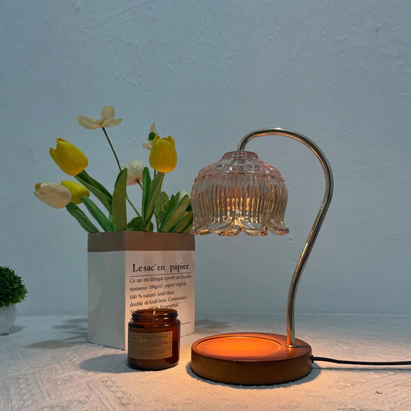 RetroGlow - Lámpara de Mesa Vintage Americana con Pantalla de Cristal y Base de Madera