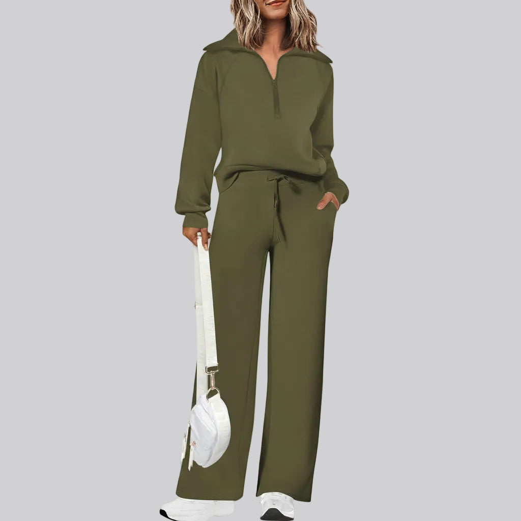 Conjunto casual para mujer con sudadera de media cremallera y pantalones palazzo