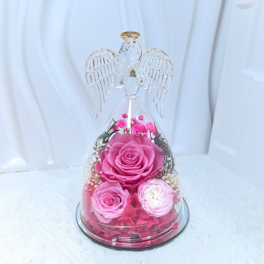Cúpula de Vidro com Rosas Preservadas Anjo Dia dos Namorados