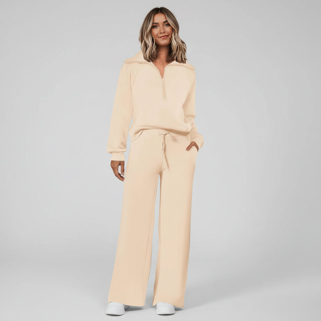 Conjunto casual para mujer con sudadera de media cremallera y pantalones palazzo