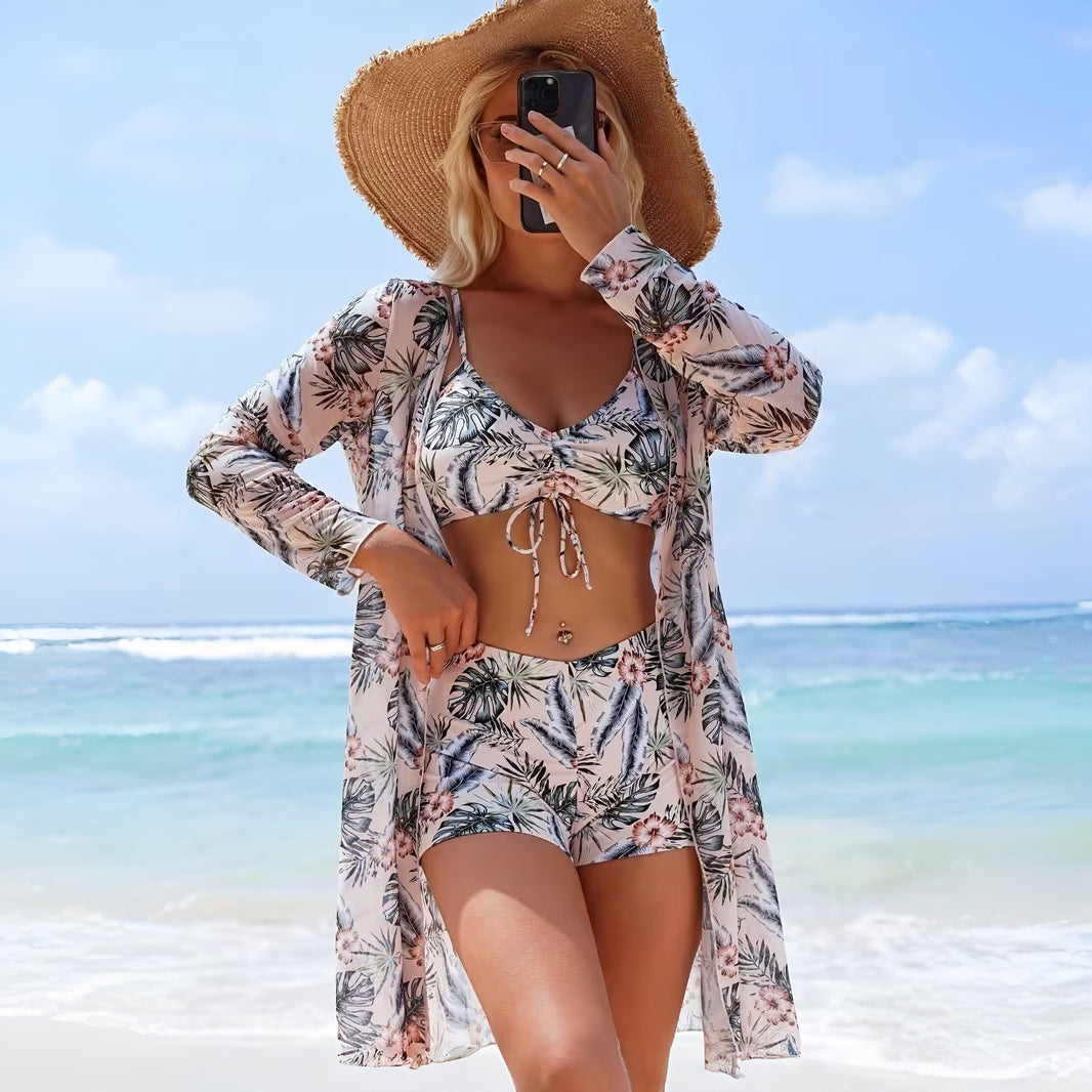 Bikini Donna Set 3 Pezzi Vita Alta Cover Up Spiaggia
