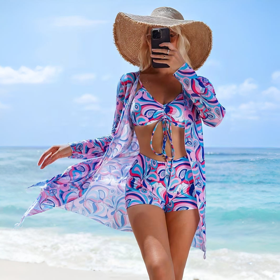 Bikini Donna Set 3 Pezzi Vita Alta Cover Up Spiaggia