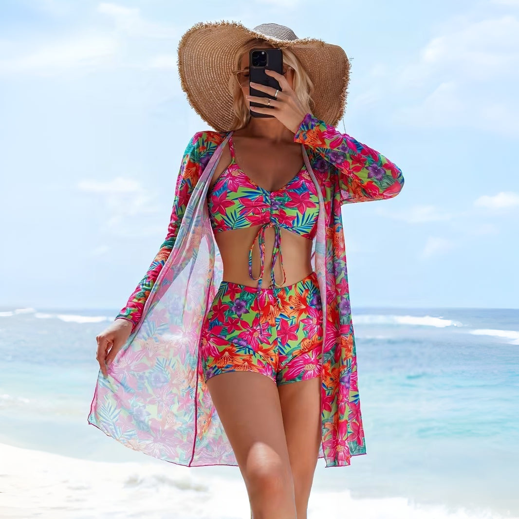 Bikini Donna Set 3 Pezzi Vita Alta Cover Up Spiaggia