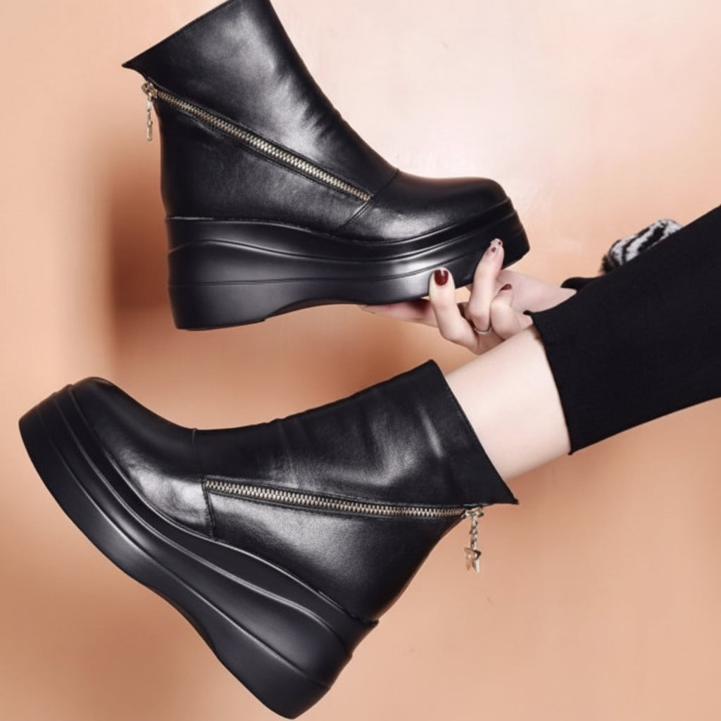 Women's Leather Ankle Boots Platform Sole Zipper