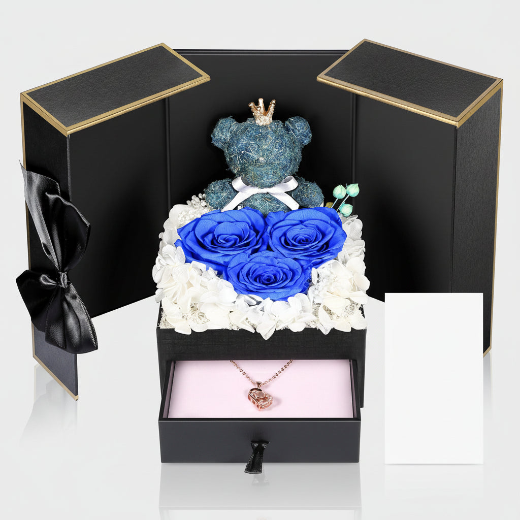 Bewaarde Rose Gift Box Handmade Bear I Love You Necklace