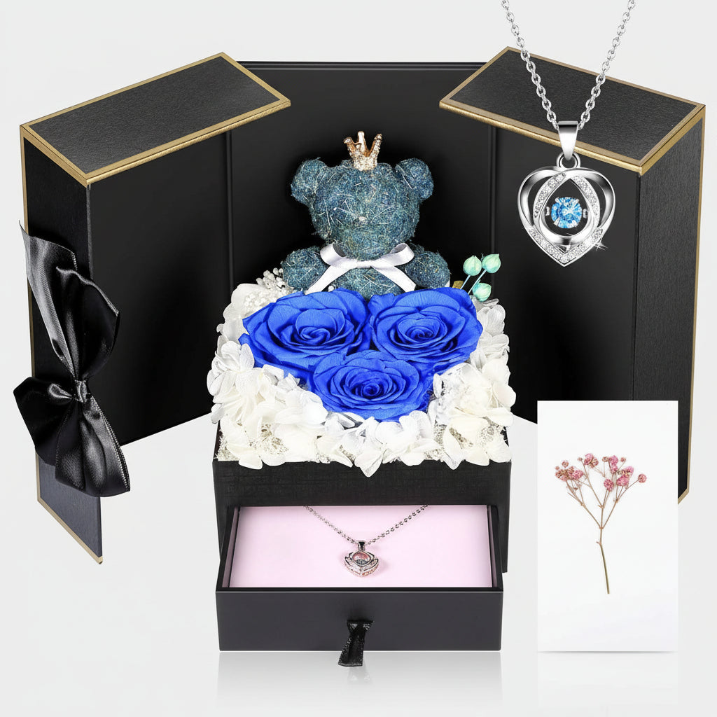 Bewaarde Rose Gift Box Handmade Bear I Love You Necklace