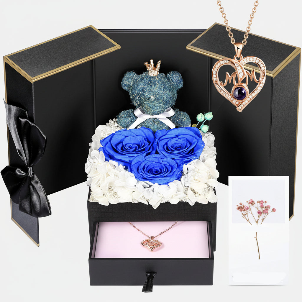 Bewaarde Rose Gift Box Handmade Bear I Love You Necklace
