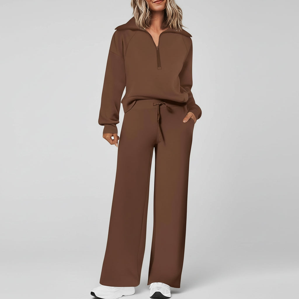 Conjunto Casual para Senhora com Sweatshirt de Meio Fecho e Calças Palazzo