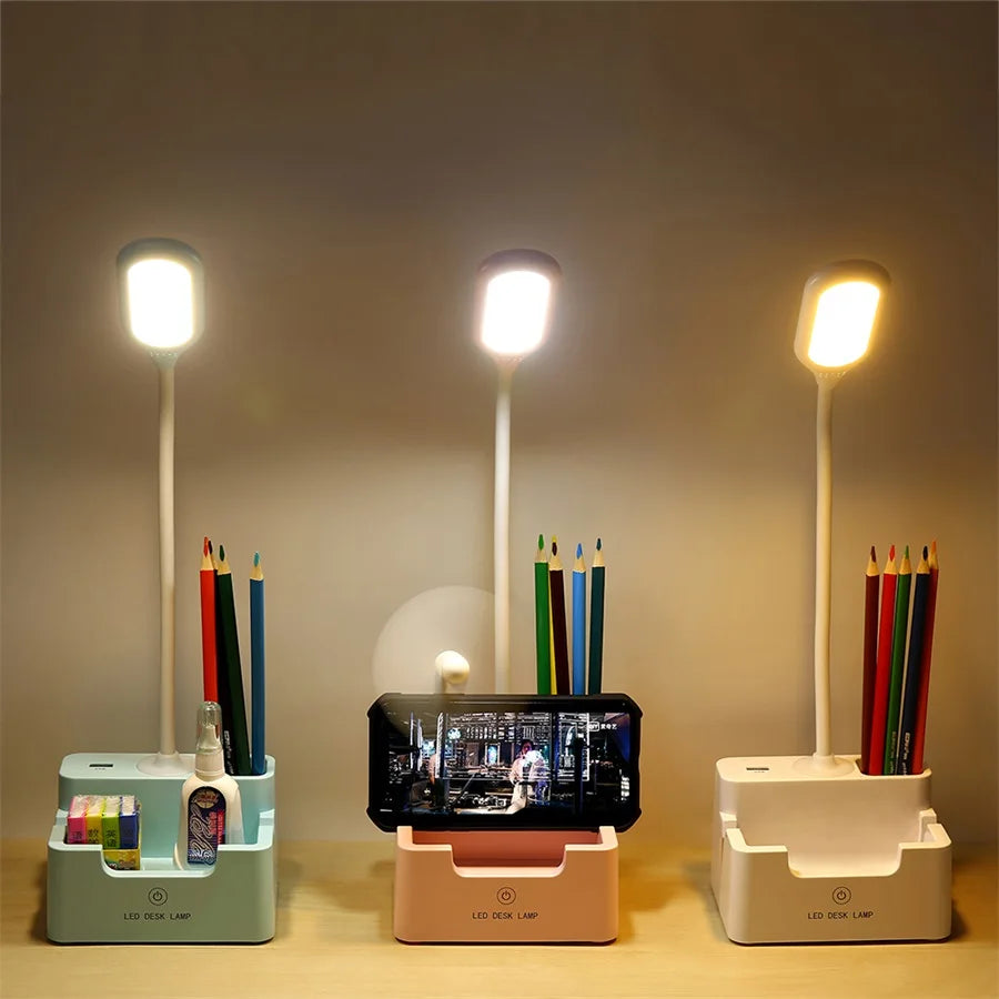 DeskBright - Lampada da scrivania LED flessibile con supporto per penna e telefono, dimmerabile e ricaricabile via USB