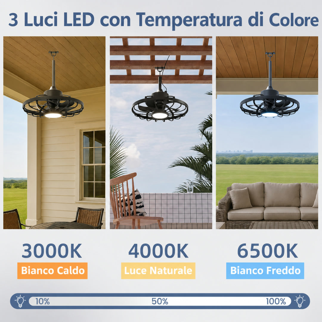 Ventilatore da soffitto esterno con luce LED, telecomando e impermeabile