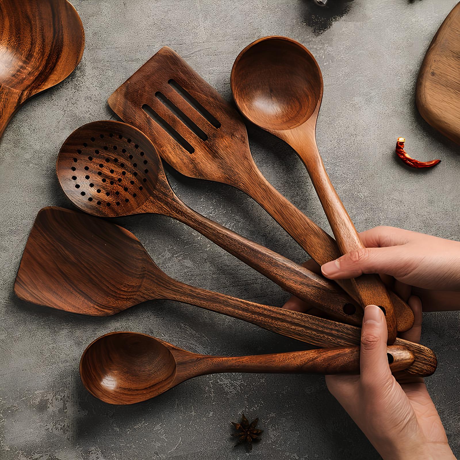Set Utensili Cucina Mestoli Legno Teak Naturale Cucina Quotidiana
