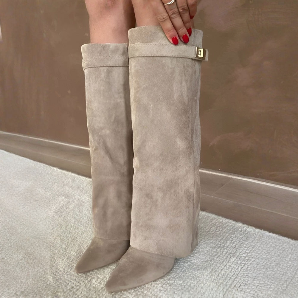 Stivali Donna Ginocchio Tacco Largo Cinturino Zip Autunno