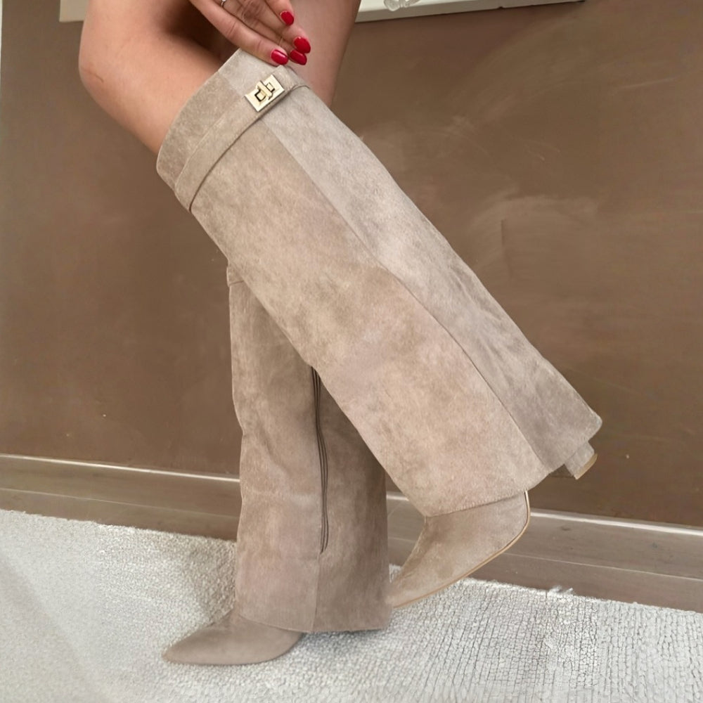 Stivali Donna Ginocchio Tacco Largo Cinturino Zip Autunno