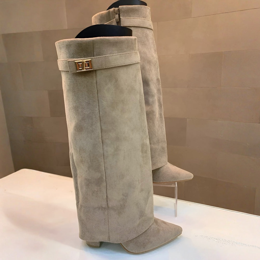 Stivali Donna Ginocchio Tacco Largo Cinturino Zip Autunno