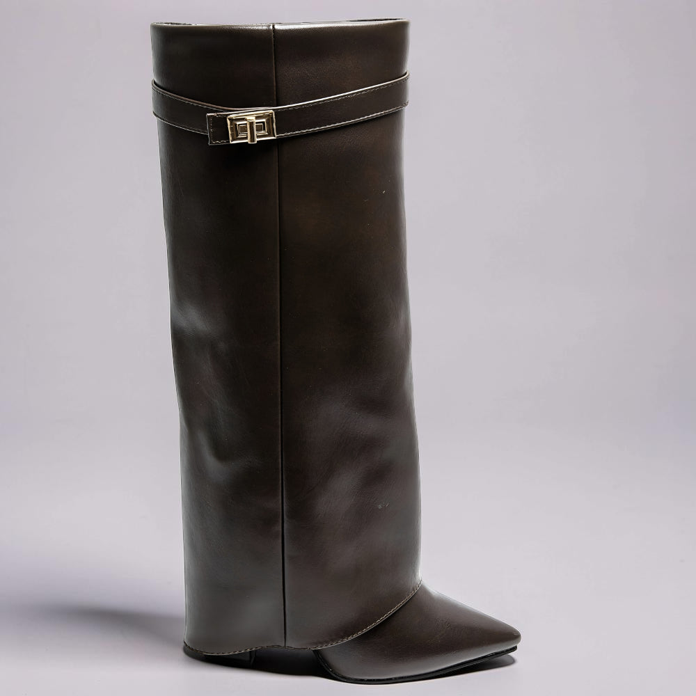 Stivali Donna Ginocchio Tacco Largo Cinturino Zip Autunno