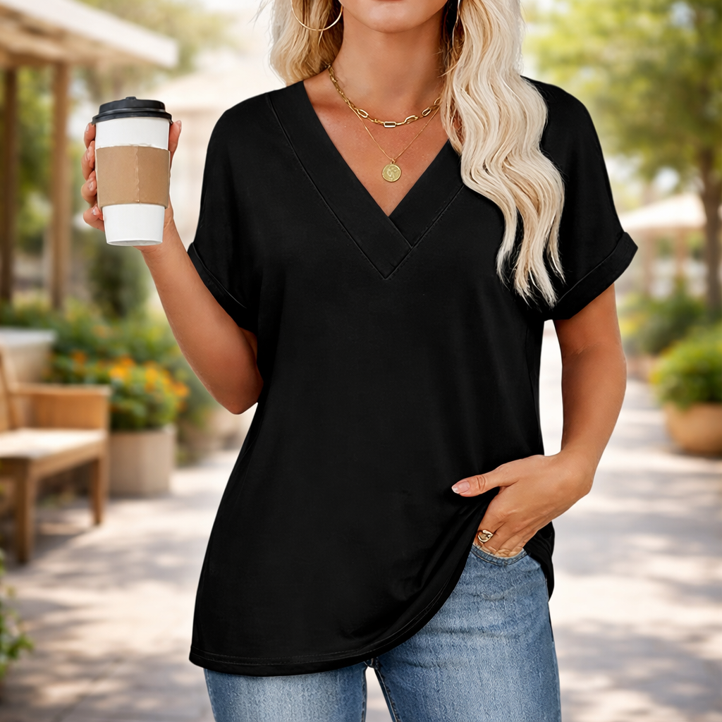 Maglietta Donna Scollo a V Manica Pipistrello Top Casual