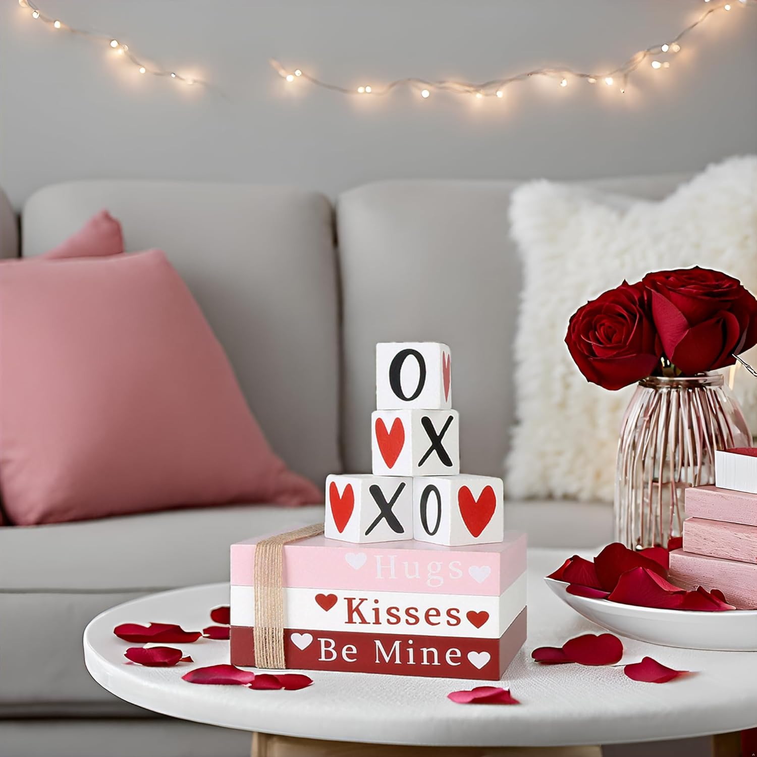 Wooden Valentine's Decoration XOXO Book Stack Hearts
