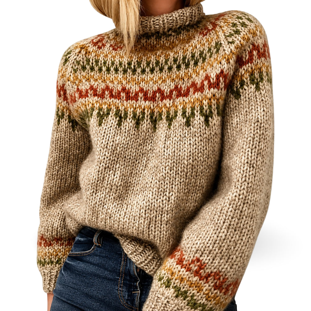 Maglione dolcevita invernale donna con motivo norvegese a collo alto