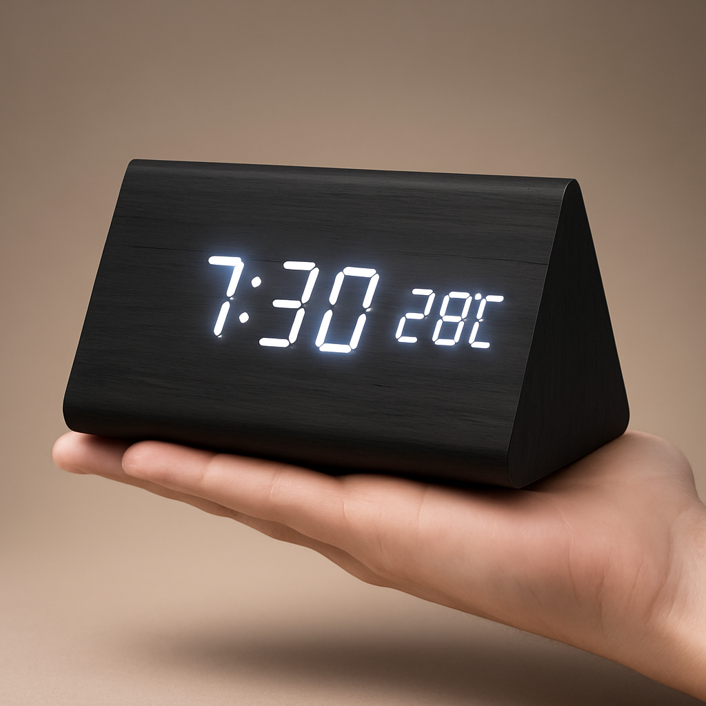 Digital Alarm Clock LED Wood Modern Temperature Dimmable Display