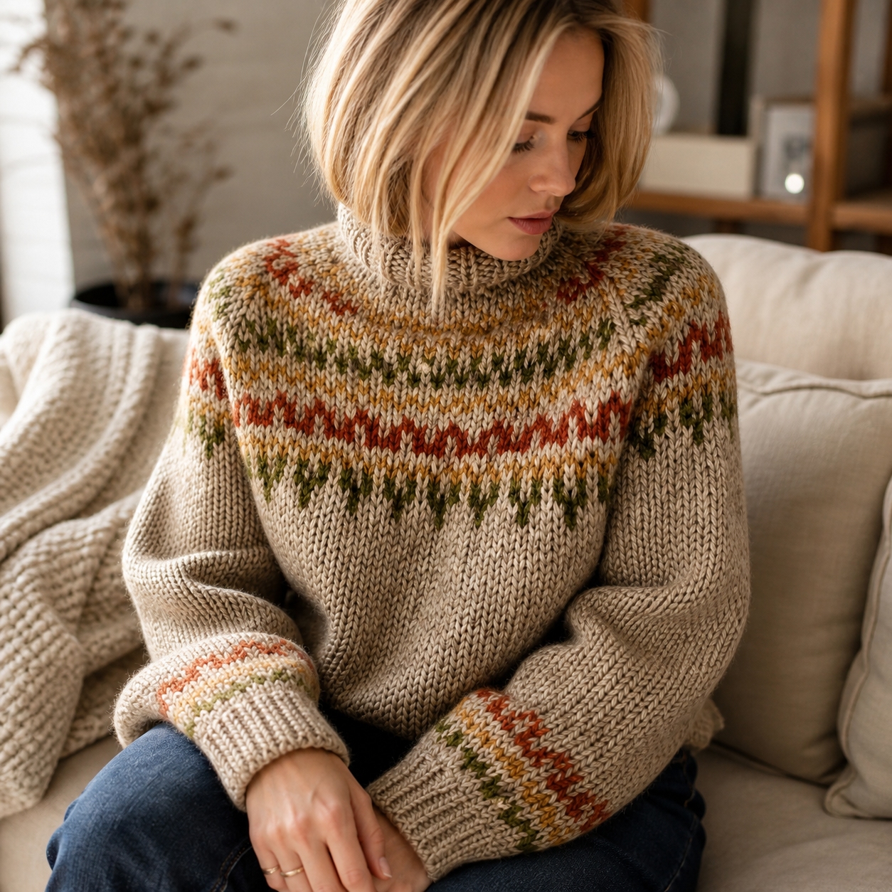 Maglione dolcevita invernale donna con motivo norvegese a collo alto