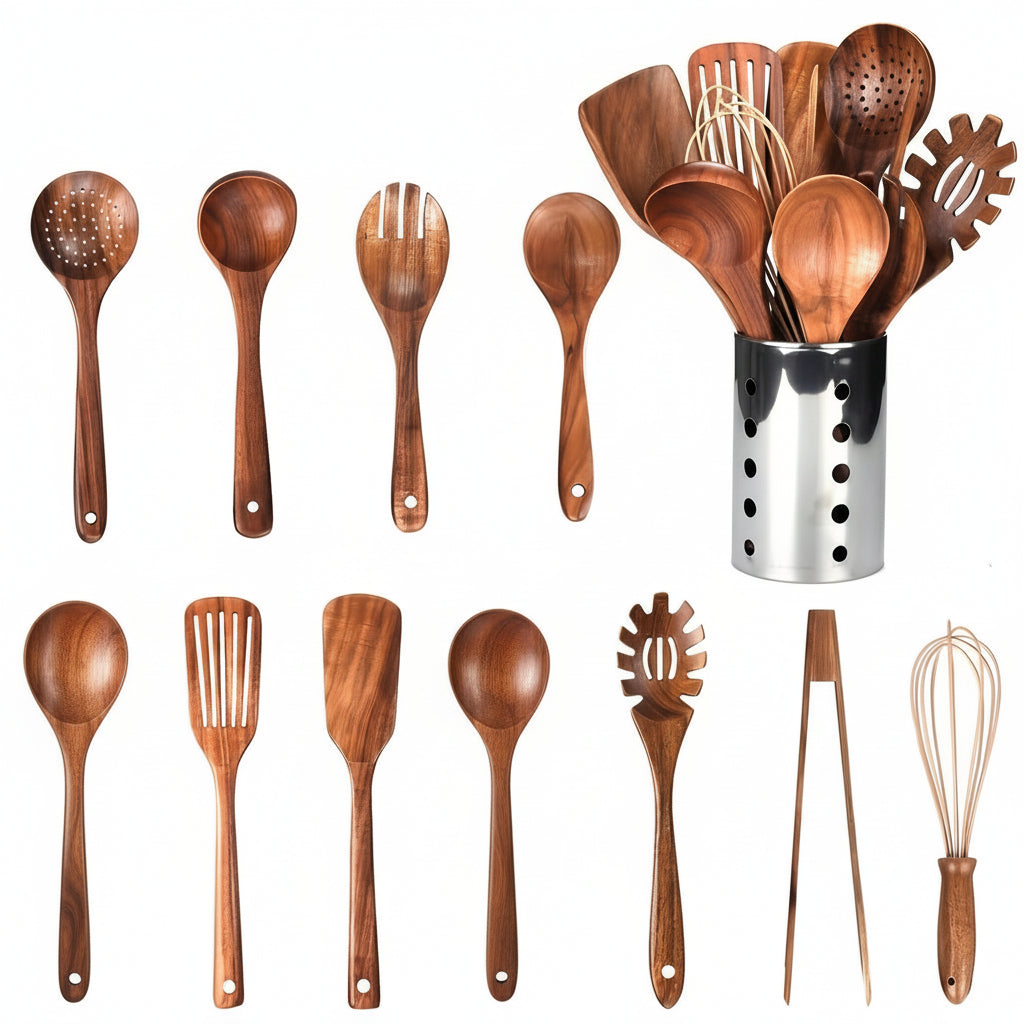Kitchen Utensil Set Teak Wood Holder Daily Cooking