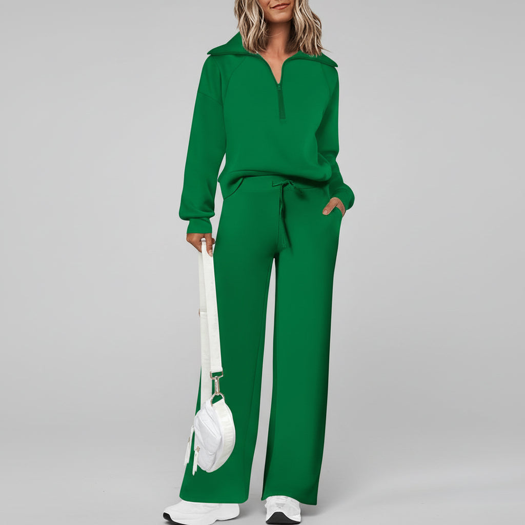 Conjunto Casual para Senhora com Sweatshirt de Meio Fecho e Calças Palazzo