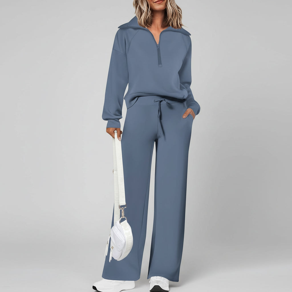 Conjunto Casual para Senhora com Sweatshirt de Meio Fecho e Calças Palazzo