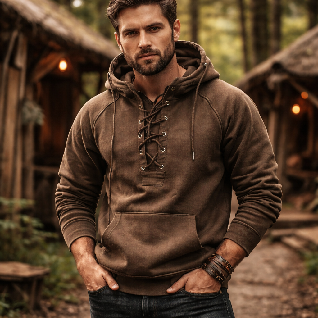 Felpa Uomo Stile Viking Cappuccio Allacciatura