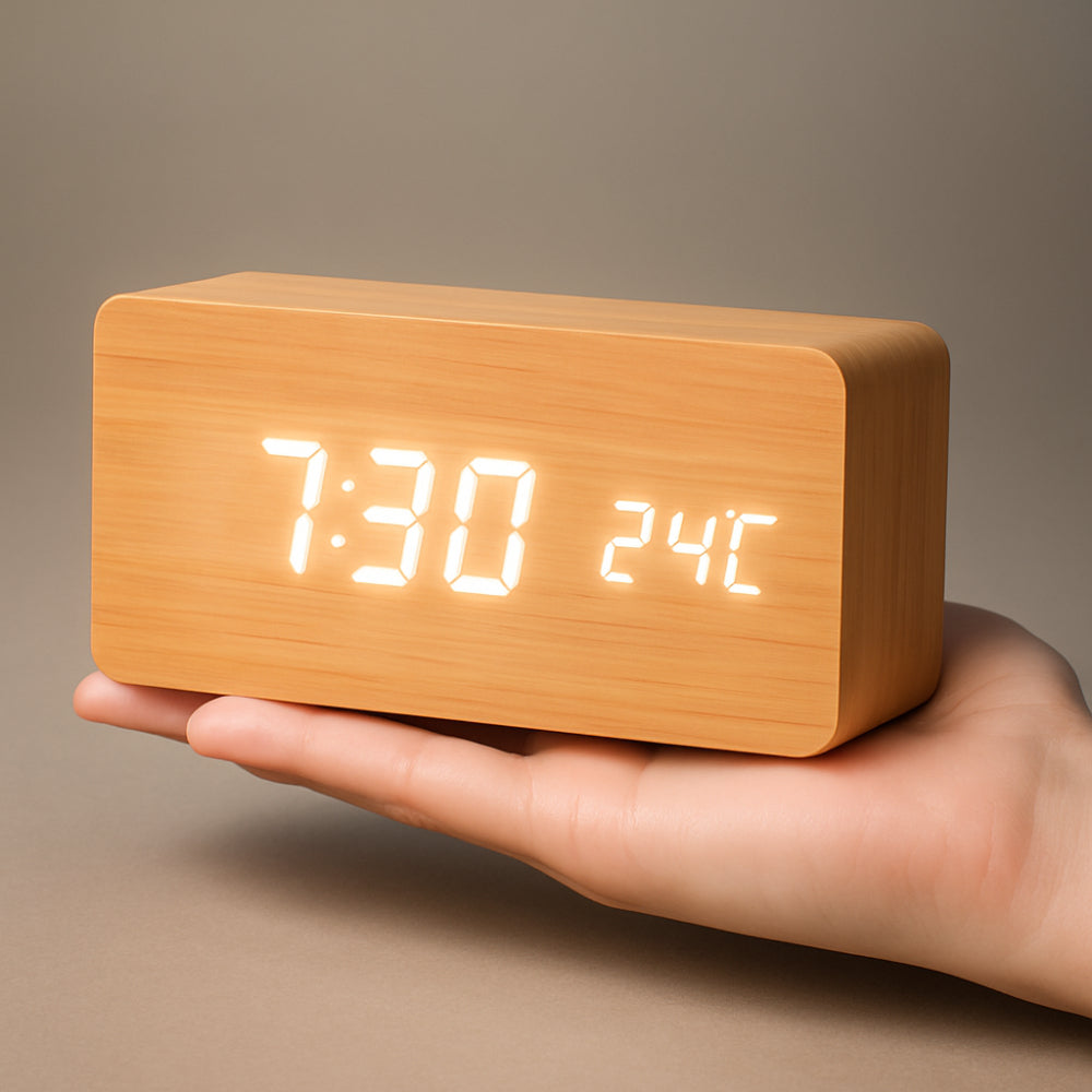 Digital Alarm Clock LED Wood Effect Display