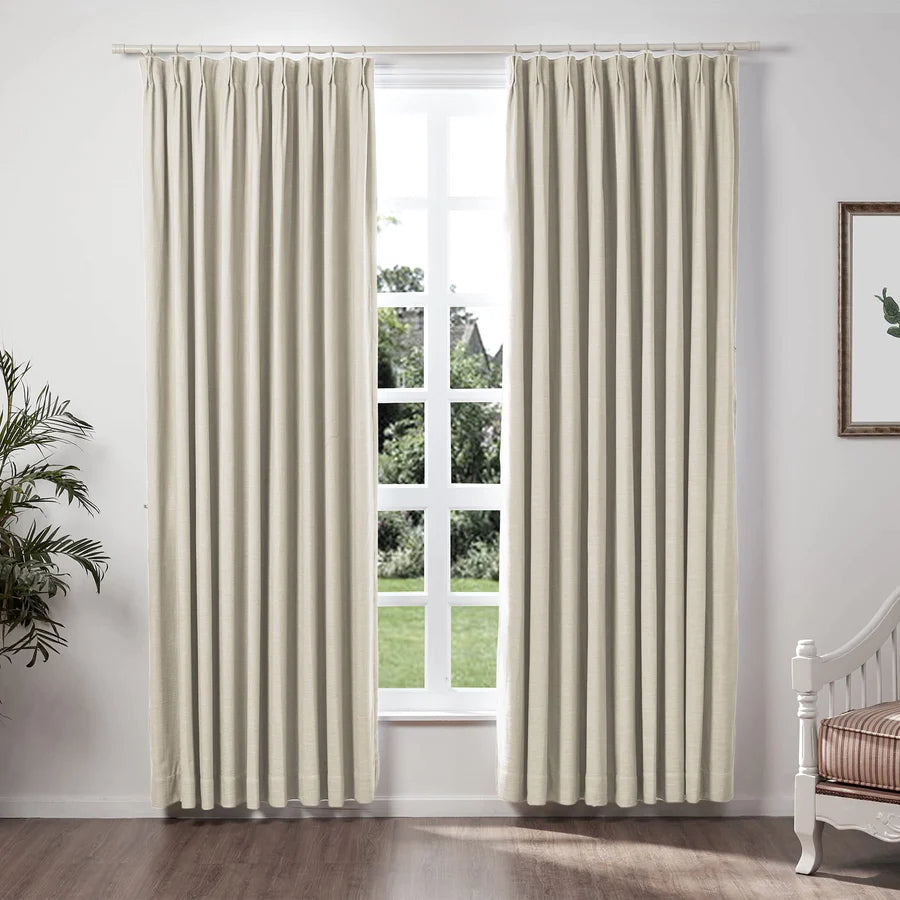Cortinado Moderno Opaco de Linho Loomy com Pregas Bege Branco, 3 Cores