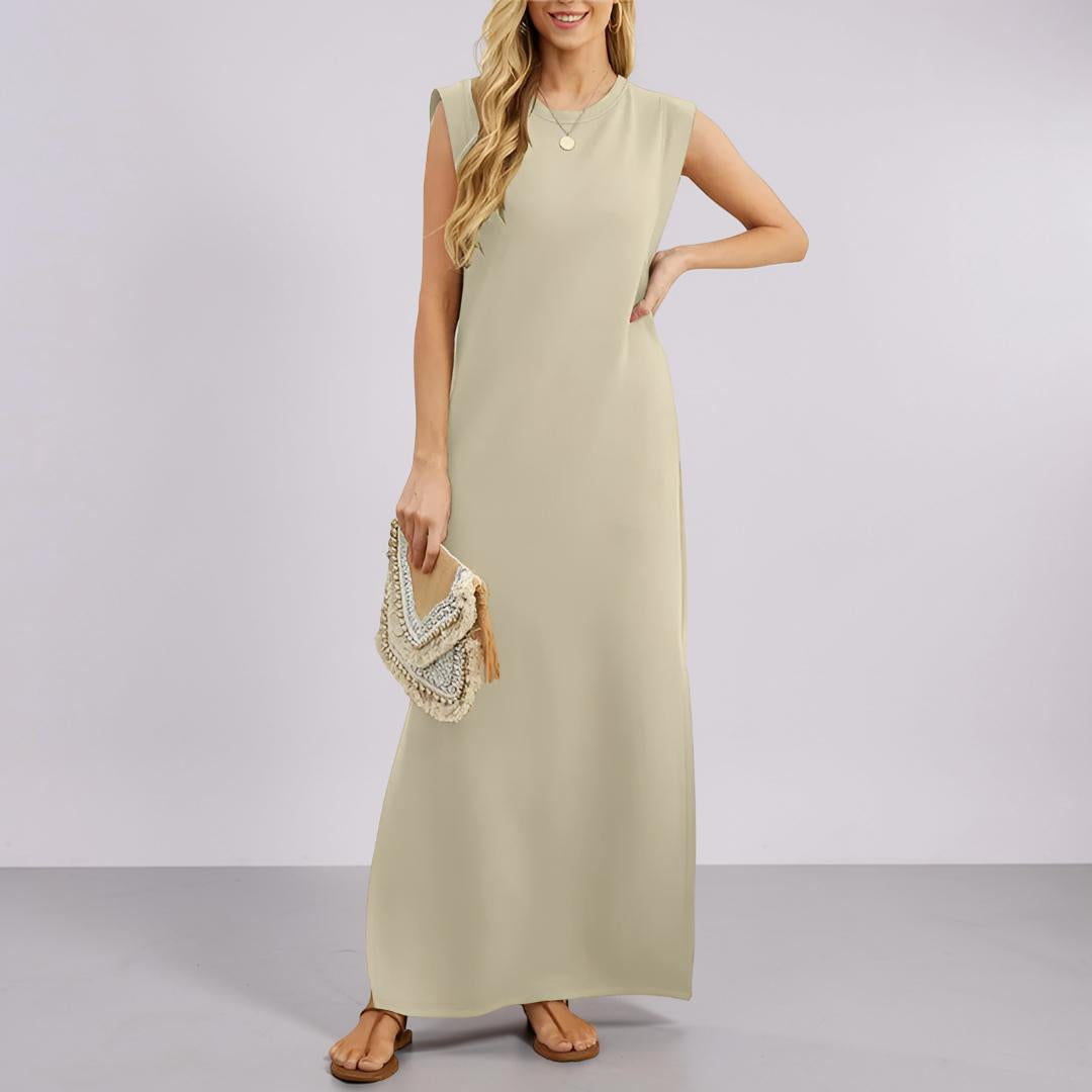 Vestito Lungo Donna Maxi Abito Casual Tasche Senza Maniche