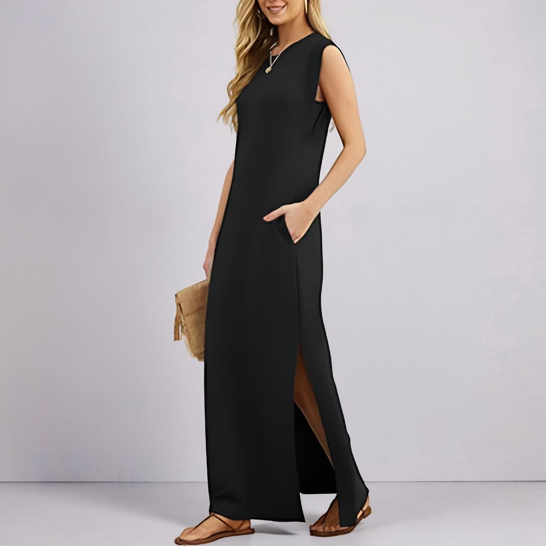 Vestito Lungo Donna Maxi Abito Casual Tasche Senza Maniche
