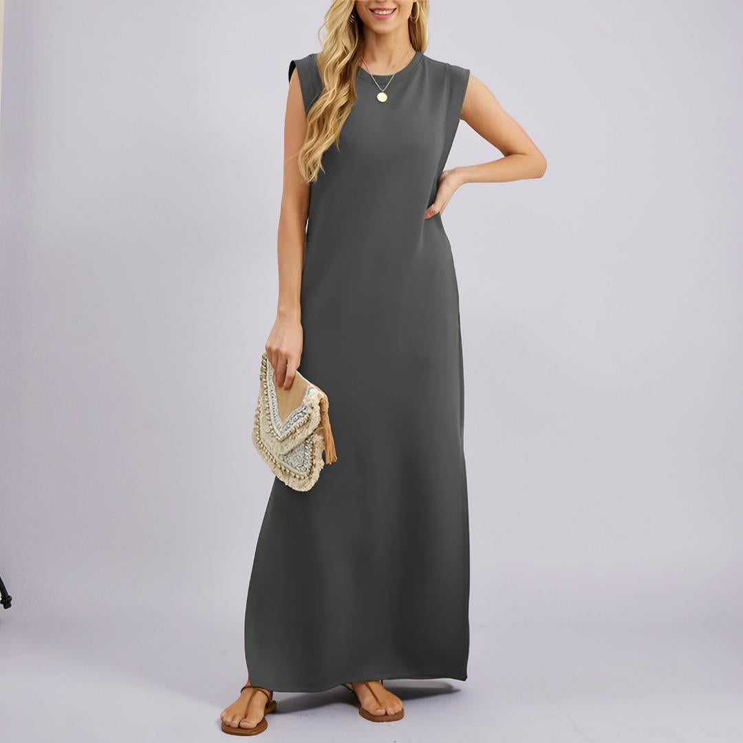 Vestito Lungo Donna Maxi Abito Casual Tasche Senza Maniche