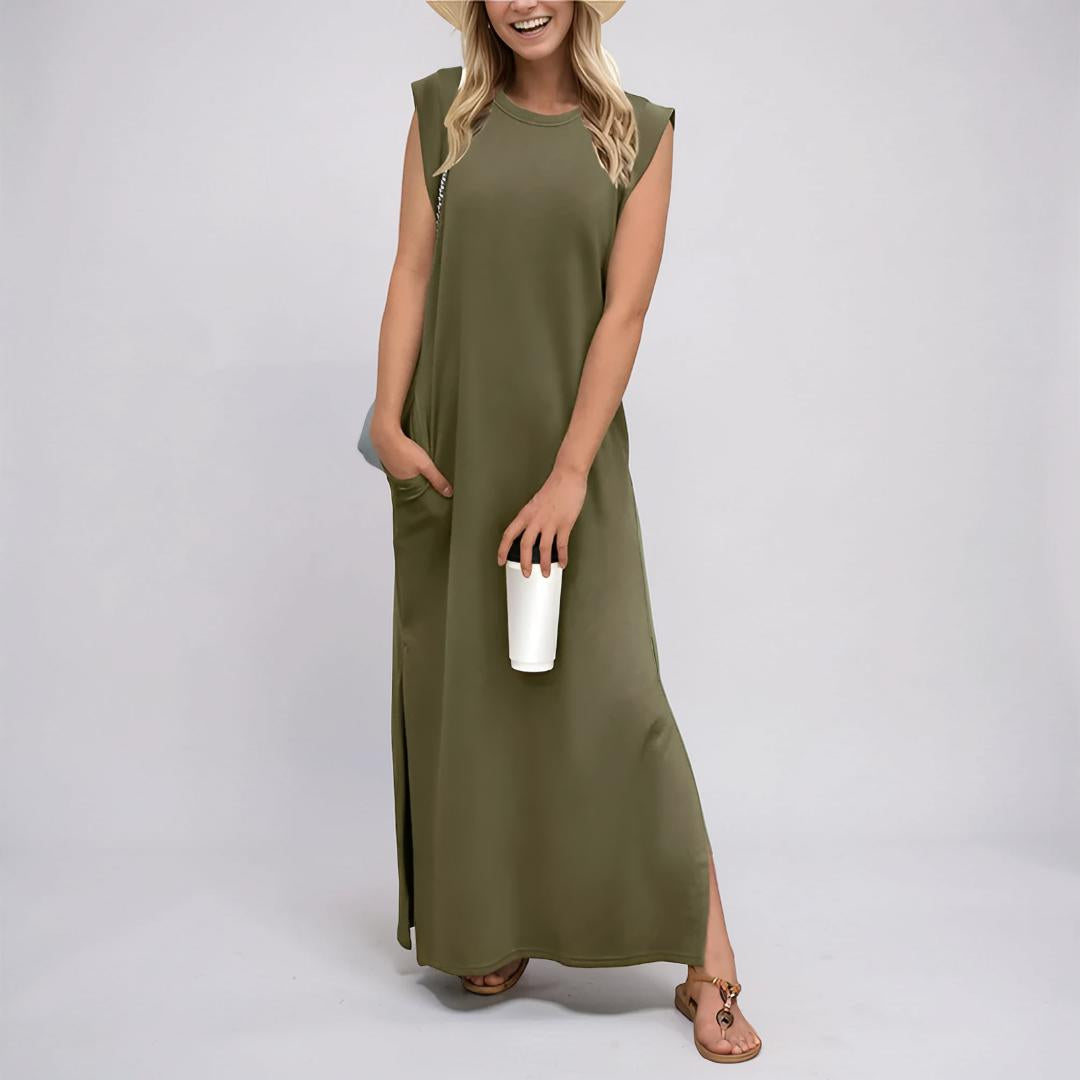 Vestito Lungo Donna Maxi Abito Casual Tasche Senza Maniche