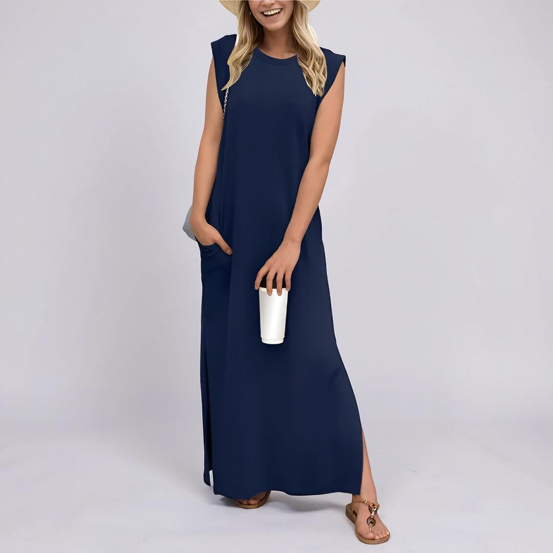Vestito Lungo Donna Maxi Abito Casual Tasche Senza Maniche