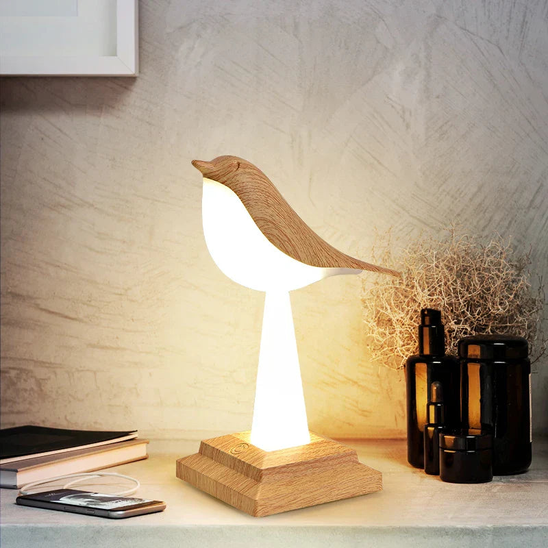 NatureGlow - Elegante lámpara de mesa Vogel con luz nocturna LED