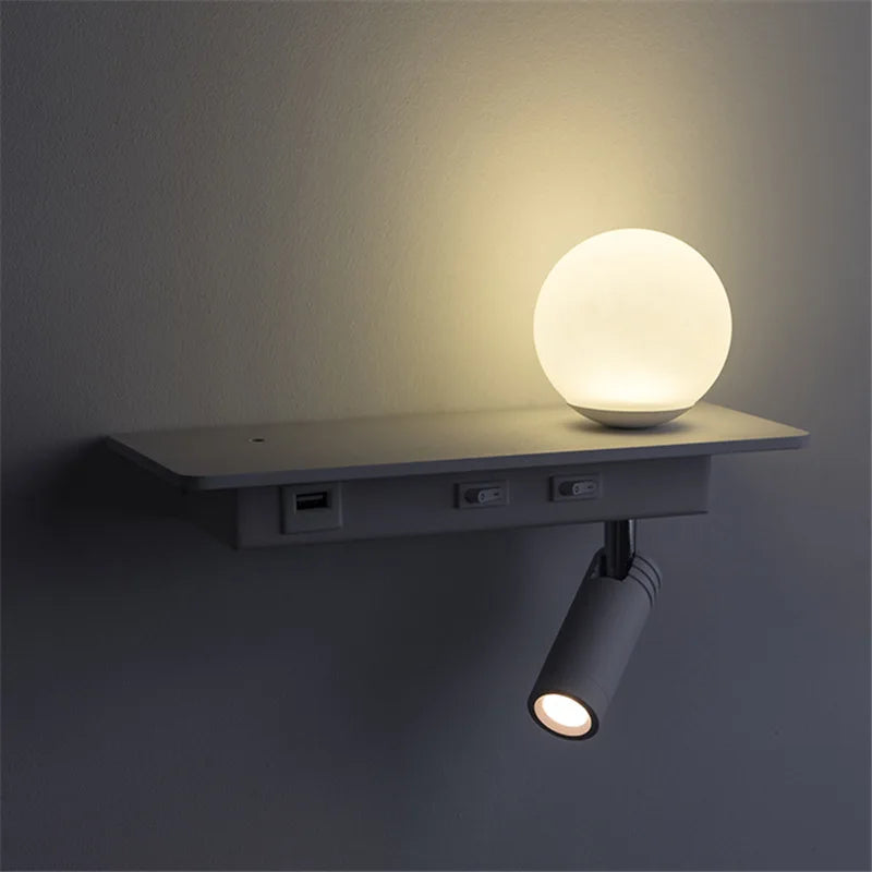 SpaceGlow – Candeeiro de Parede LED Moderno com Prateleira e Porta USB