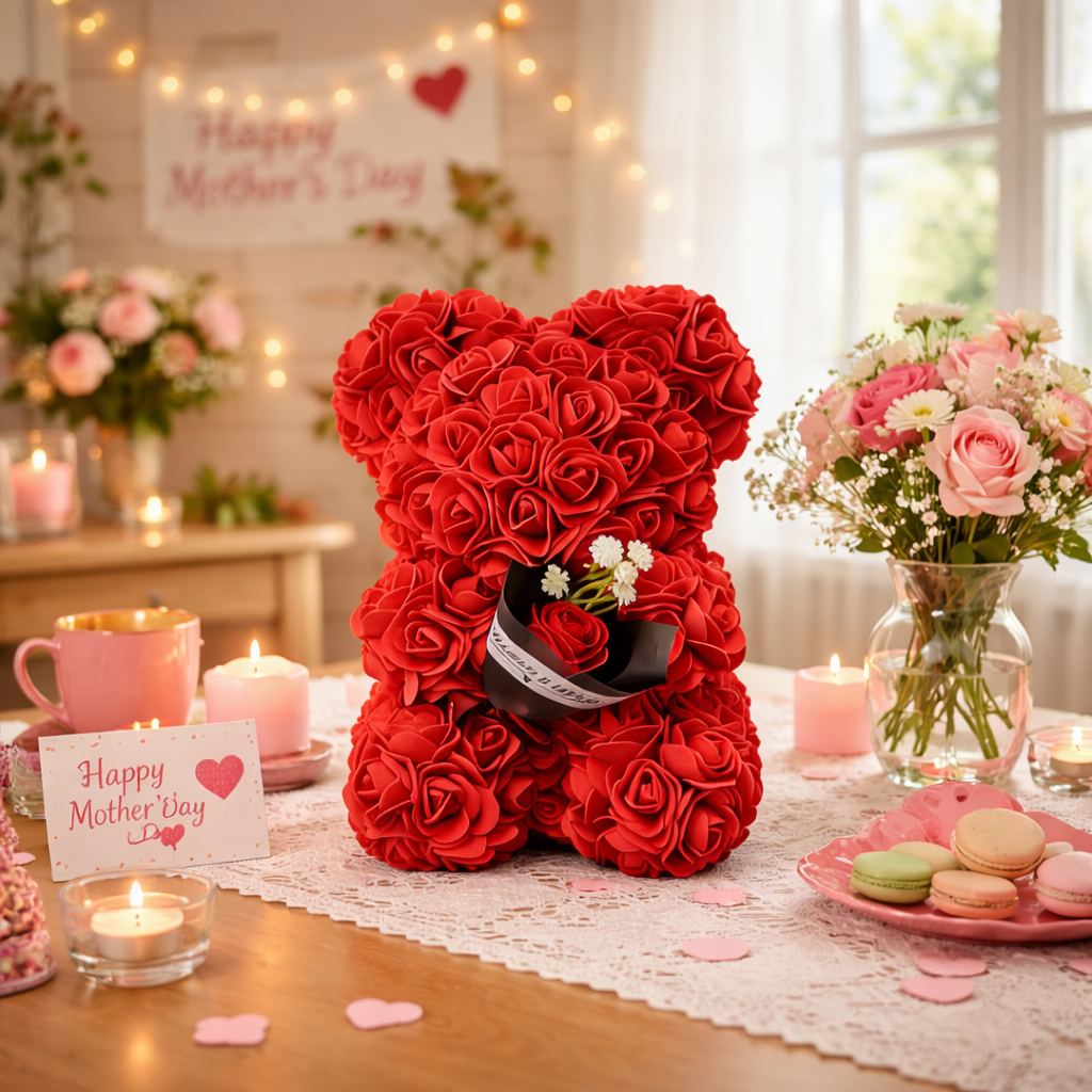Regalo Festa della Mamma Orso di Rose Decorazione Floreale da Tavolo