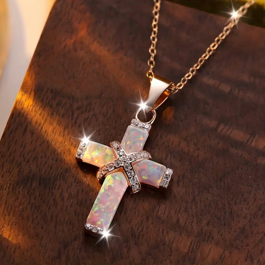 Collana Festa della Mamma Donna Ciondolo Croce Effetto Opale Gioiello Statement