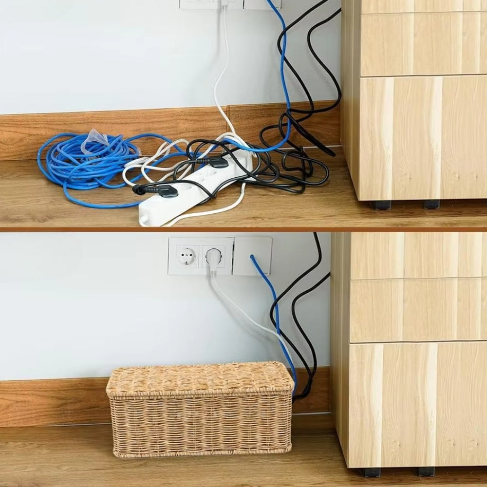 Opbergdoos Kabelmanagement Box Rattan Stijl Organizer Kabelhouder