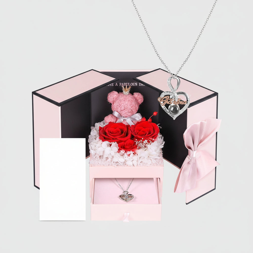 Bewaarde Rose Gift Box Handmade Bear I Love You Necklace