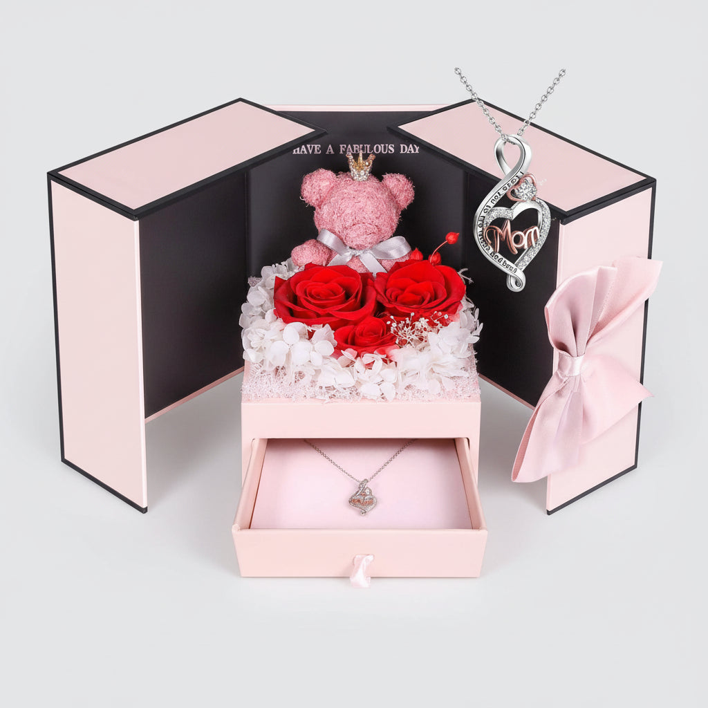 Bewaarde Rose Gift Box Handmade Bear I Love You Necklace