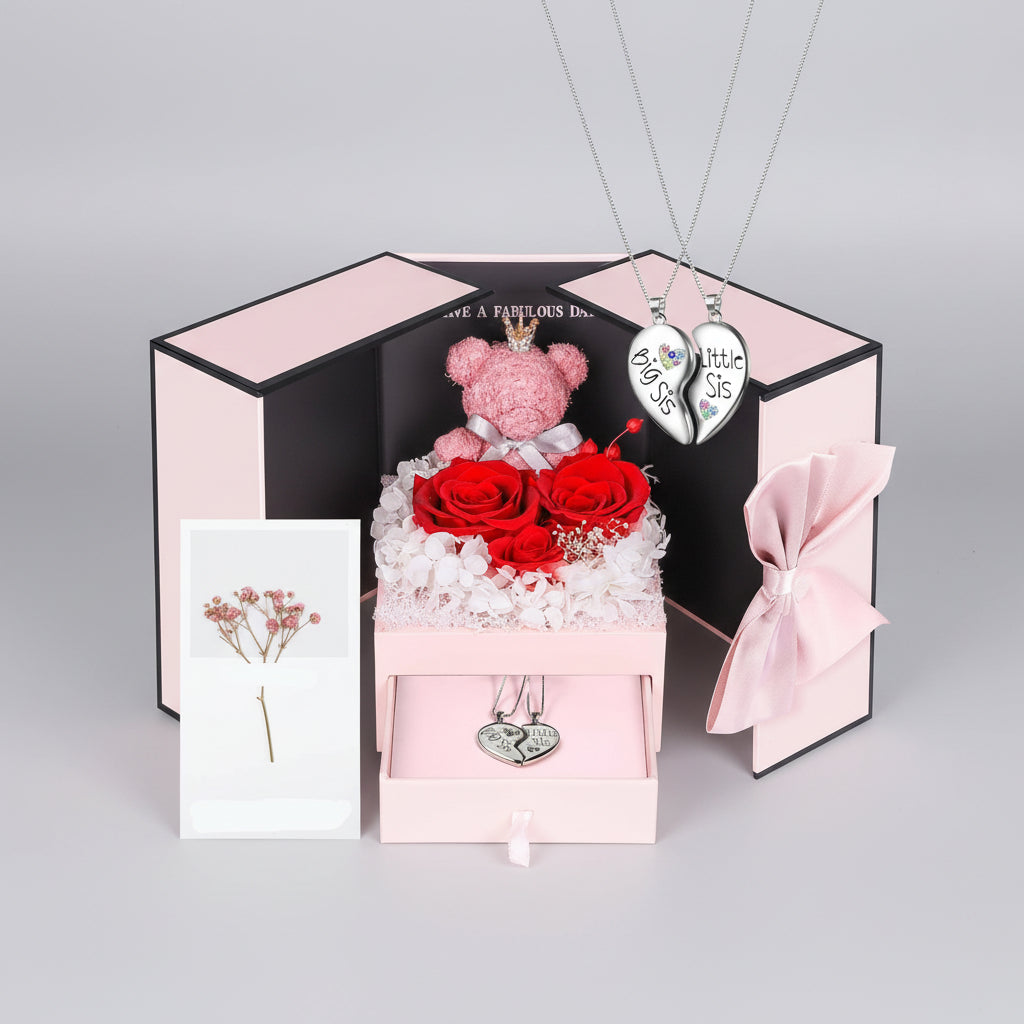 Bewaarde Rose Gift Box Handmade Bear I Love You Necklace