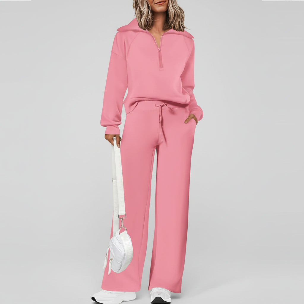 Conjunto Casual para Senhora com Sweatshirt de Meio Fecho e Calças Palazzo