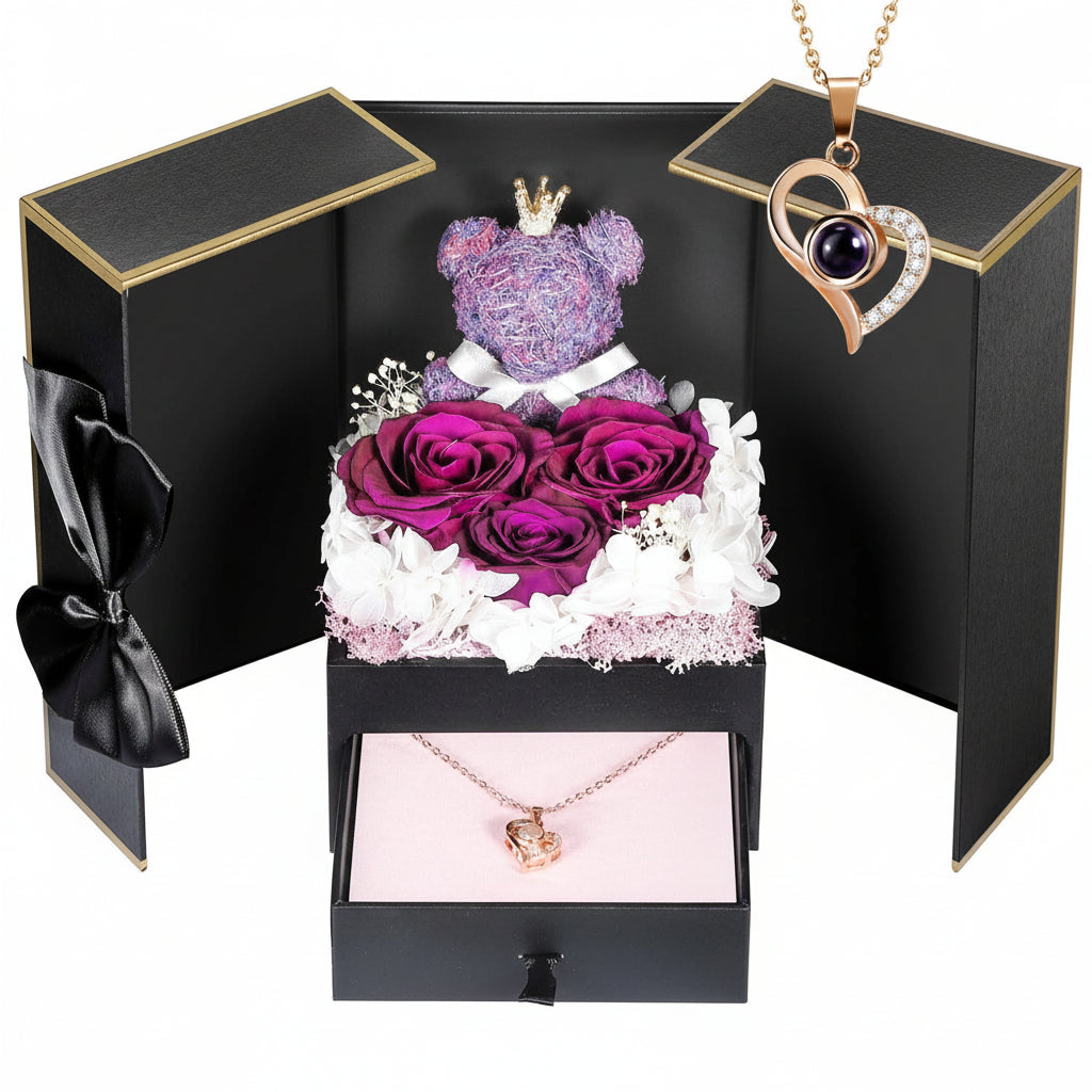 Bewaarde Rose Gift Box Handmade Bear I Love You Necklace