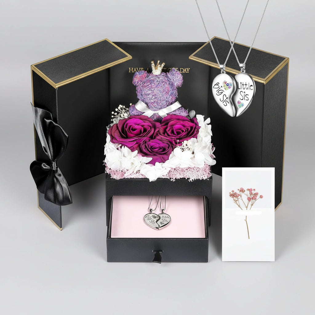 Bewaarde Rose Gift Box Handmade Bear I Love You Necklace
