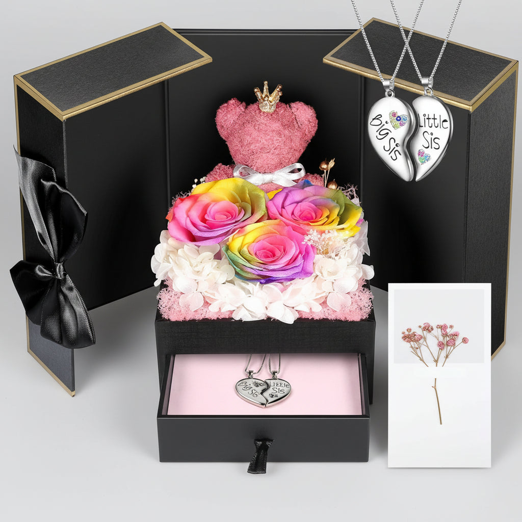 Bewaarde Rose Gift Box Handmade Bear I Love You Necklace