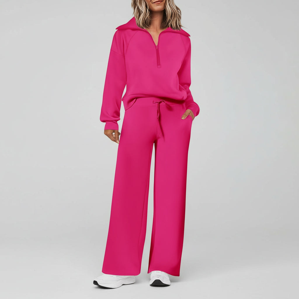 Conjunto Casual para Senhora com Sweatshirt de Meio Fecho e Calças Palazzo